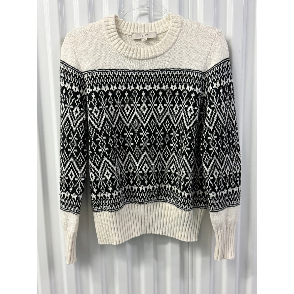 LOFT Sweater Womens Large Black White Excellent Fair Isle Geometric Pullover